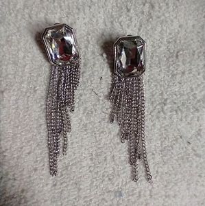 Silvertone crystal dangle chain square post earrings